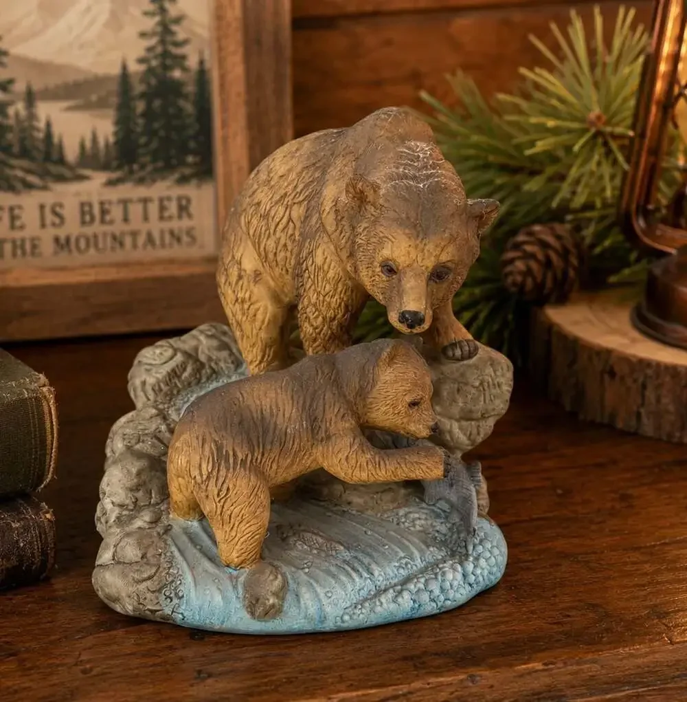 Vintage Arnart 1984 Mother Grizzly Bear and Cub Fishing Porcelain Figurine